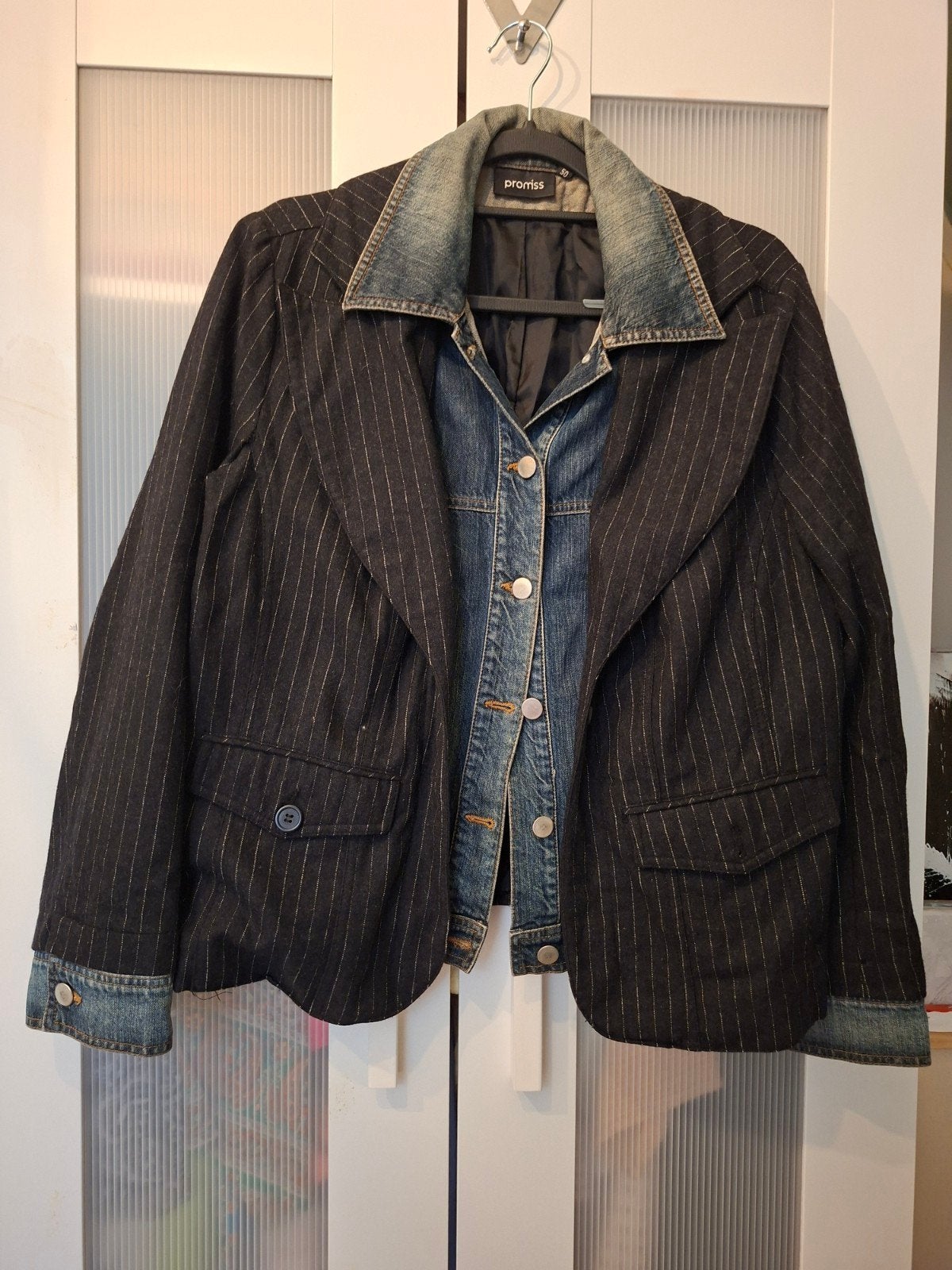 Promiss spijker/ stof jasje, Ophalen, Zo goed als nieuw, Maat 46/48 (XL) of groter, Blauw