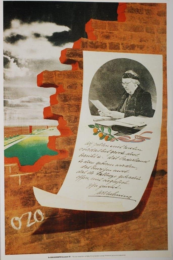 Koningin Wilhelmina spreekt - Poster WOII Heruitgave 1994, Zo goed als nieuw, Verzenden, Amsterdam, Overige soorten