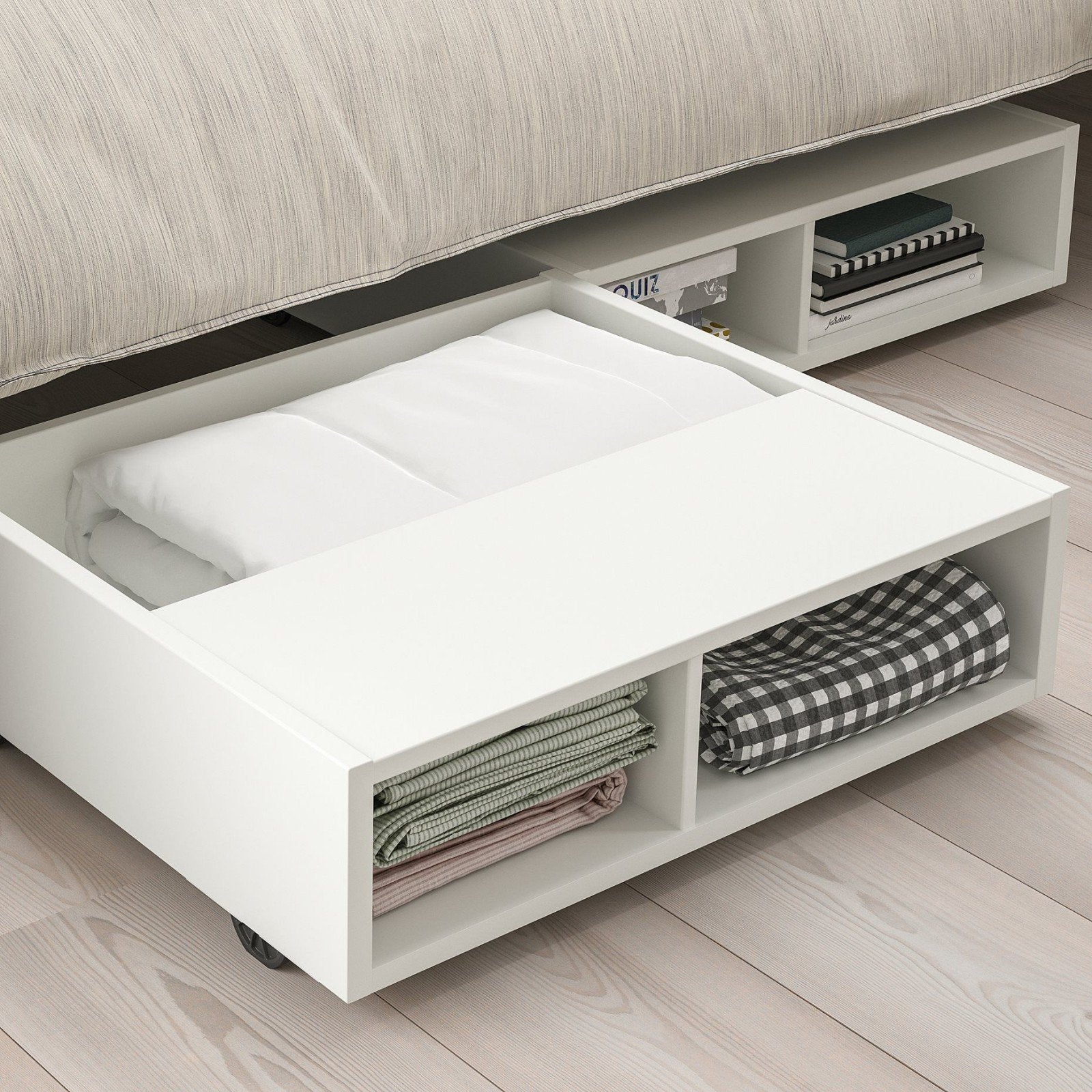 Ikea Fredvang Witte bedlade/opbergbox op wielen, Ophalen, Modern en functioneel, Gebruikt, Wit