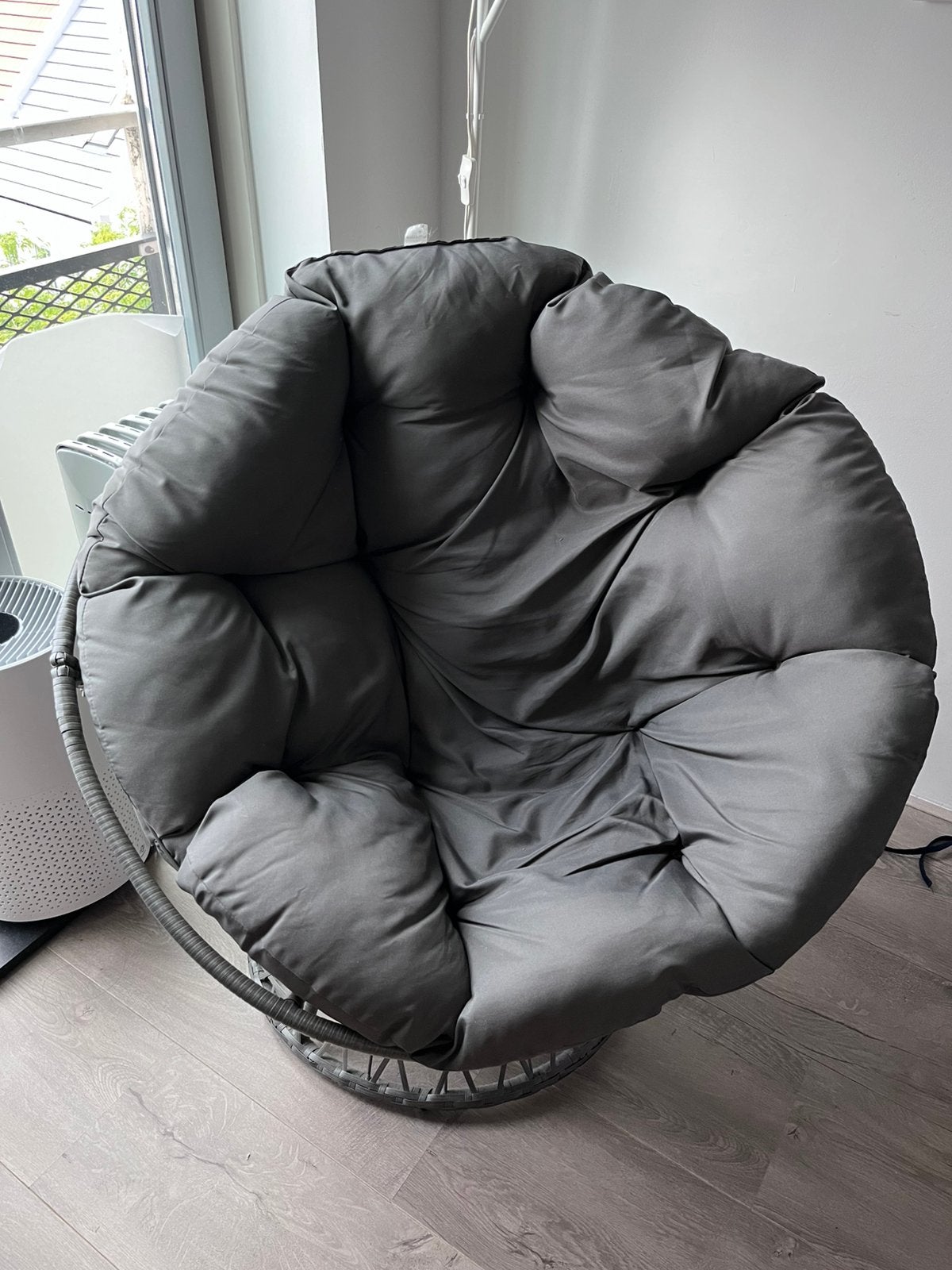 Swivel papasan lounge chair – grey wicker – cushion included, Ophalen, Zo goed als nieuw, 75 tot 100 cm