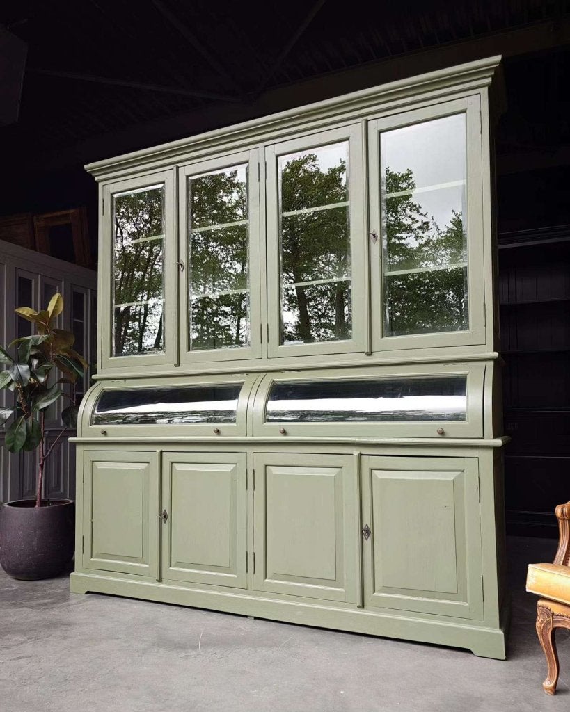 Prachtige mosgroene grutterskast | Apothekerskast teak #2527, Glas, Vintage / antiek, 200 cm of meer, Vintage / antiek