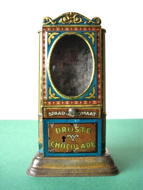 Droste blikken chocolade Spaarautomaat 1928, Verzamelen, Gebruikt, Ophalen of Verzenden, Overige thema's, Metaal of Blik