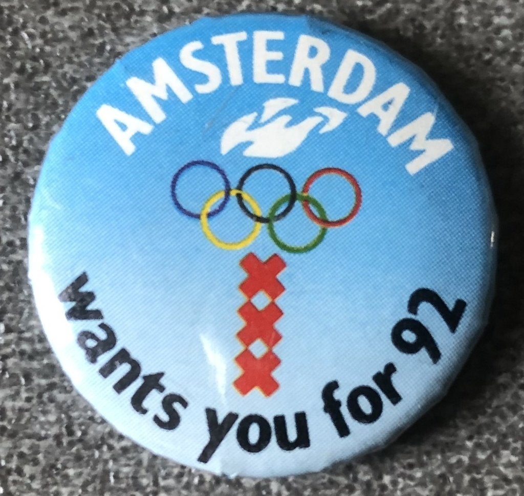 BUTTON - AMSTERDAM 1992 - KANDIDAAT OLYMPISCHE SPELEN, Verzamelen, Ophalen of Verzenden, Zo goed als nieuw, Overige onderwerpen