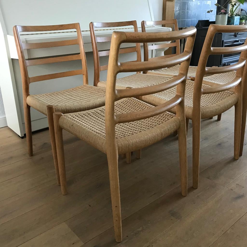 Set van 6 N.O. Moller stoelen 85 vintage deens design eiken, Ophalen, Gebruikt, Bruin, Nvt