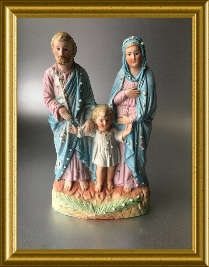 Antiek biscuit porseleinen beeldje: Jozef, Maria en Jezus, Ophalen of Verzenden