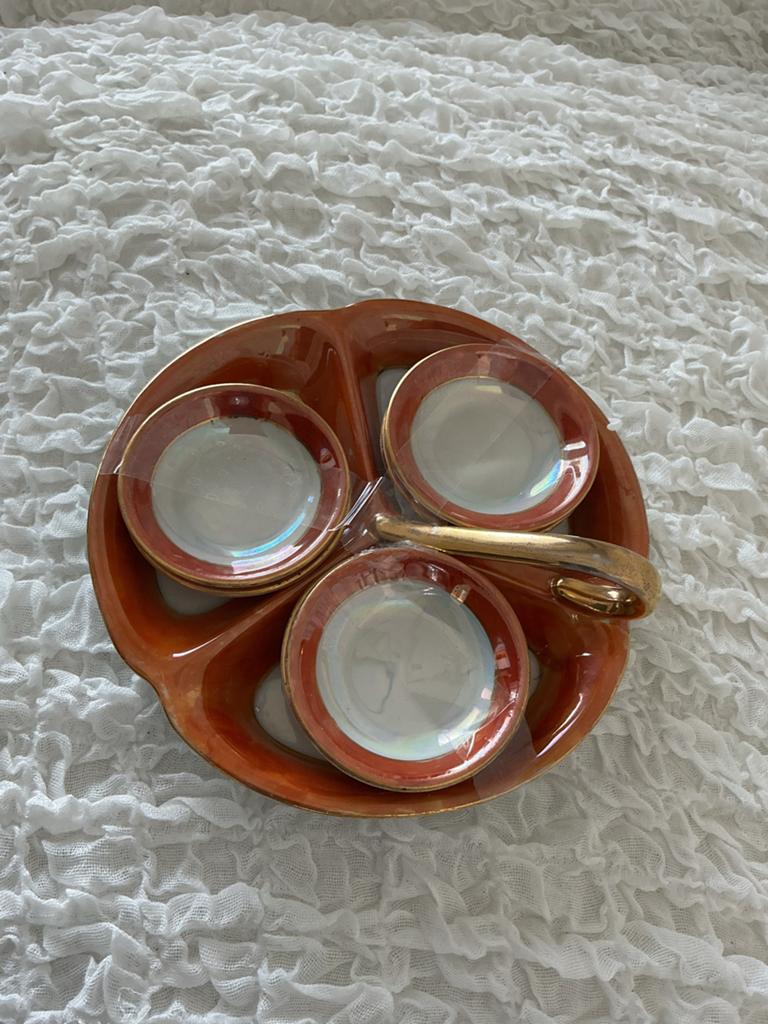Vintage serveerschaal met 6 schaaltjes, oranje/goud, Antiek en Kunst, Ophalen of Verzenden