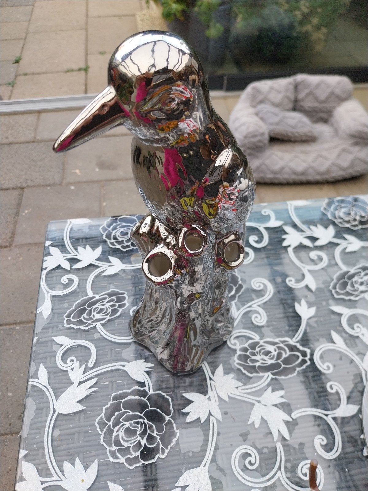 Zilverkleurige vogel decoratie, glanzend, Huis en Inrichting, Woonaccessoires | Overige, Ophalen of Verzenden, Zo goed als nieuw