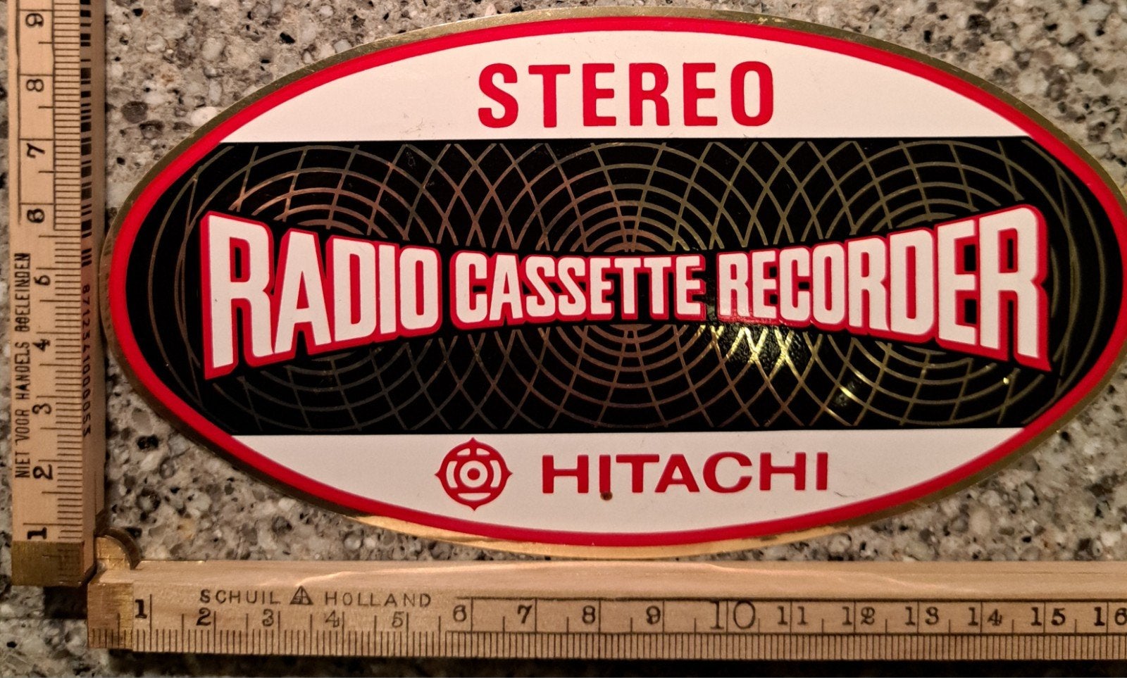 Vintage sticker Hitachi stereo radio cassette recorder, Verzamelen, Stickers, Ophalen of Verzenden, Zo goed als nieuw, Merk