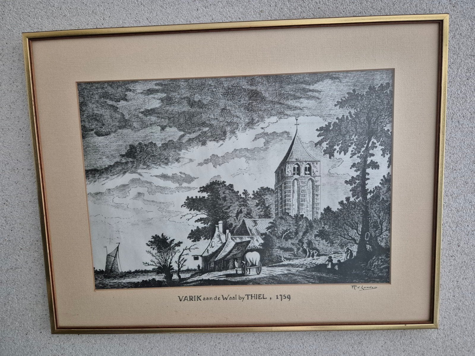 Antieke Ets 'Varik aan de Waal bij Thiel', 1759, ingelijst, Ets, Ingelijst, Ophalen of Verzenden, Landschap