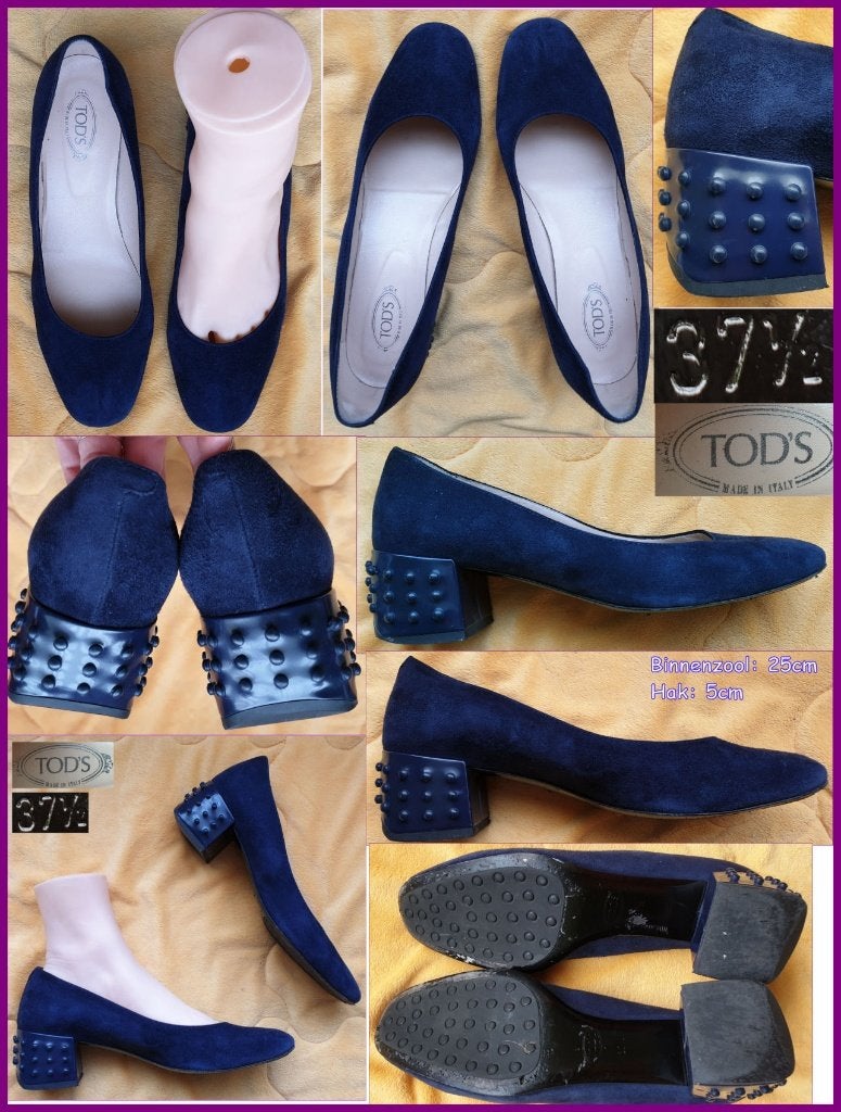 TOD'S donkerblauwe leren pumps met blokhakken mt 37,5, Blauw, Zo goed als nieuw, TOD'S, Ballerina's