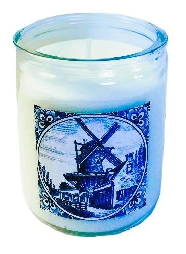 Kaars in glas wit met molen delfts blauw - Incl. cadeauzakje, Verzenden, Nieuw, Wit, Overige materialen