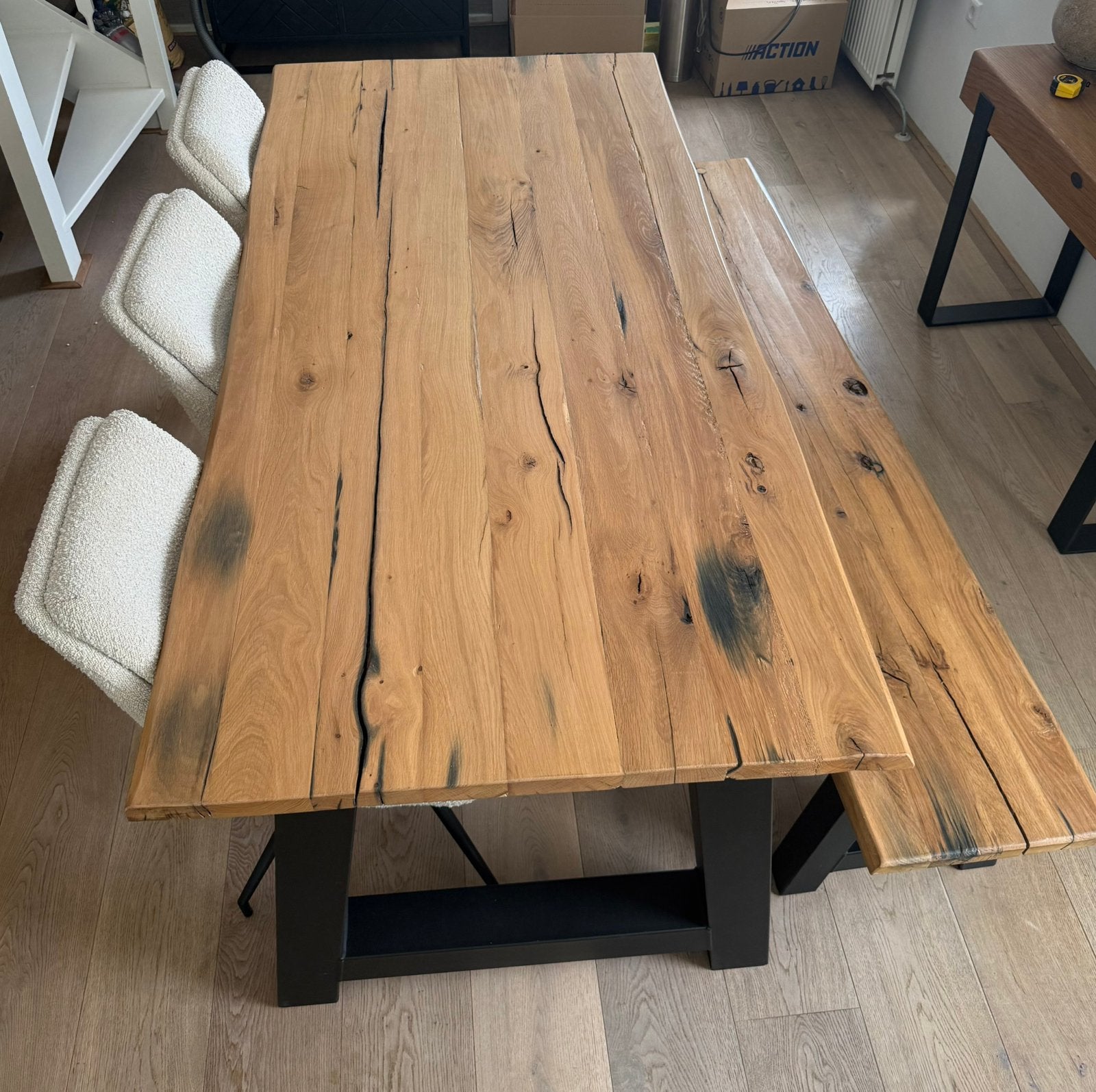 Massief eiken eettafel 200x95 + bijpassende zitbank, Huis en Inrichting, Tafels | Eettafels, Ophalen, Gebruikt, Eikenhout, 200 cm of meer