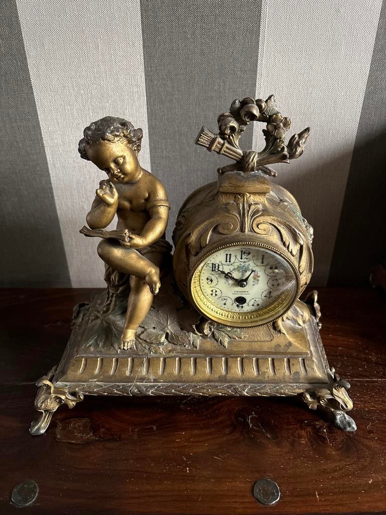 Antieke bronzen klok met cherubijn, Antiek en Kunst, Antiek | Klokken, Ophalen