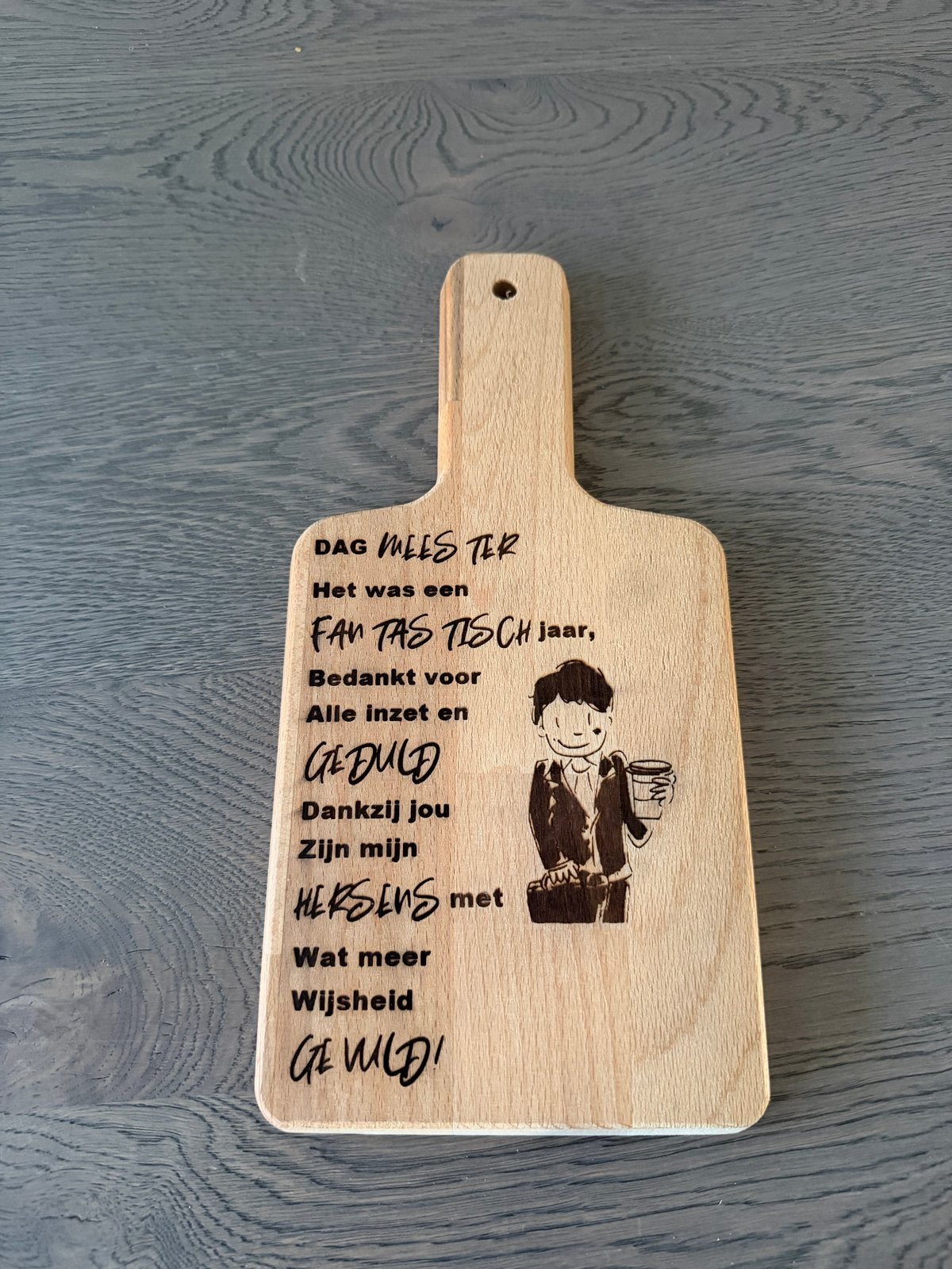 Snijplank met persoonlijke tekst - Dag Meester, Hout, Snij-/serveerplank, Nieuw, Ophalen of Verzenden