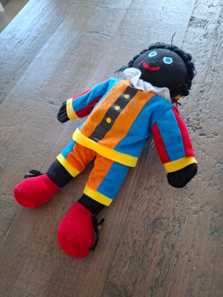 Zwarte Piet knuffelpop ca. 30 cm – kleurrijk pak, Ophalen of Verzenden, Gebruikt, Overige typen