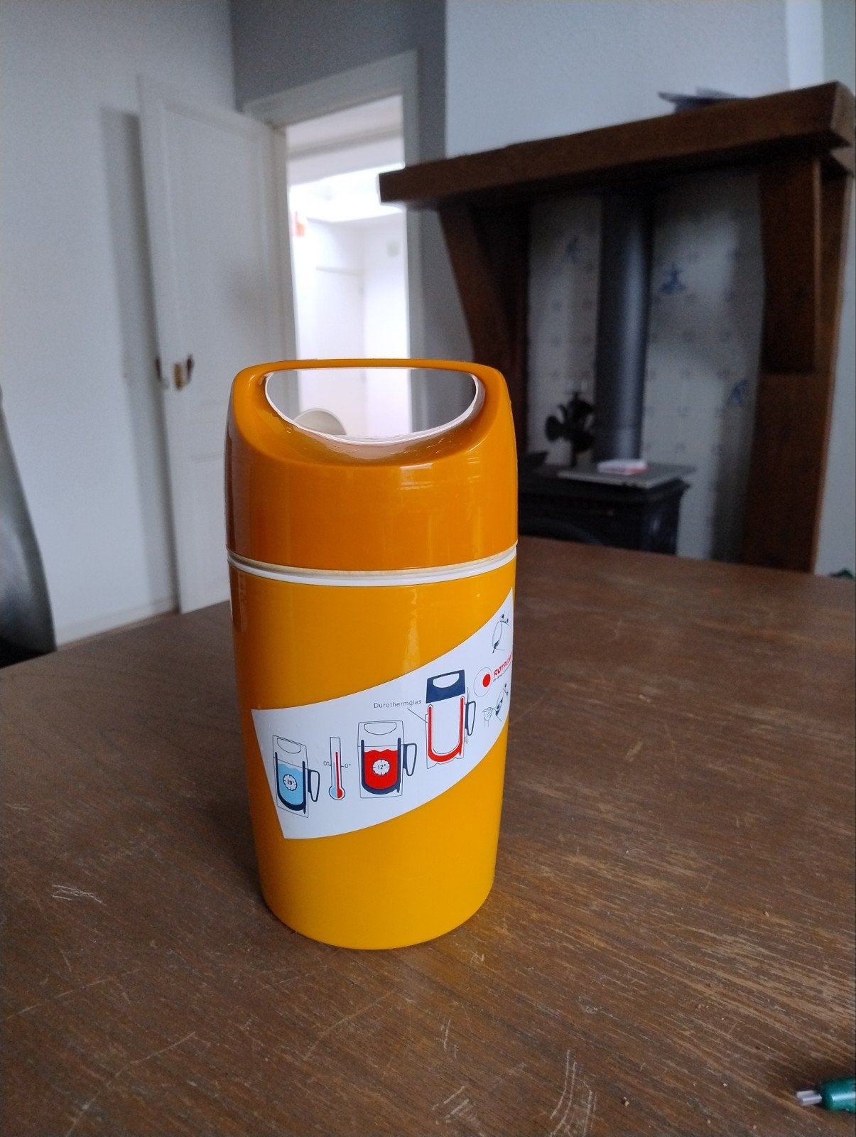 Dr. Zimmermann Vintage Gele Thermoskan/Isoleerkan met Handva, Theepot/fluitketel, Gebruikt, Ophalen of Verzenden, Kunststof