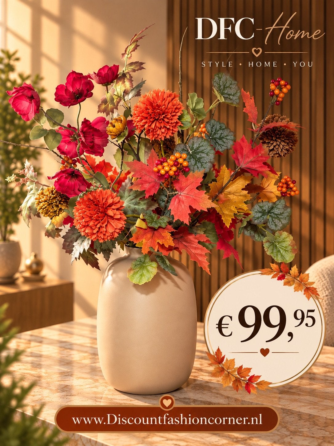 Autumn Ember – Luxe Zijdenblormen - Herfstboeket met Vaas, Binnen, Inclusief kunstbloemen, Www.discountfashioncorner.nl, 60 cm
