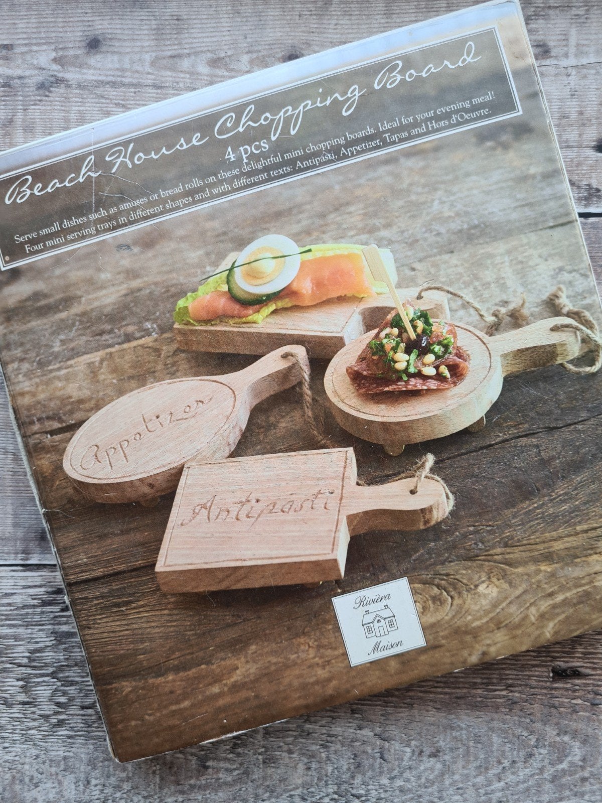 Riviera Maison Beach House 4 tapas serveerbordjes tapasbord, Met afbeelding/tekst, Serveerplank, Nieuw, Ophalen of Verzenden