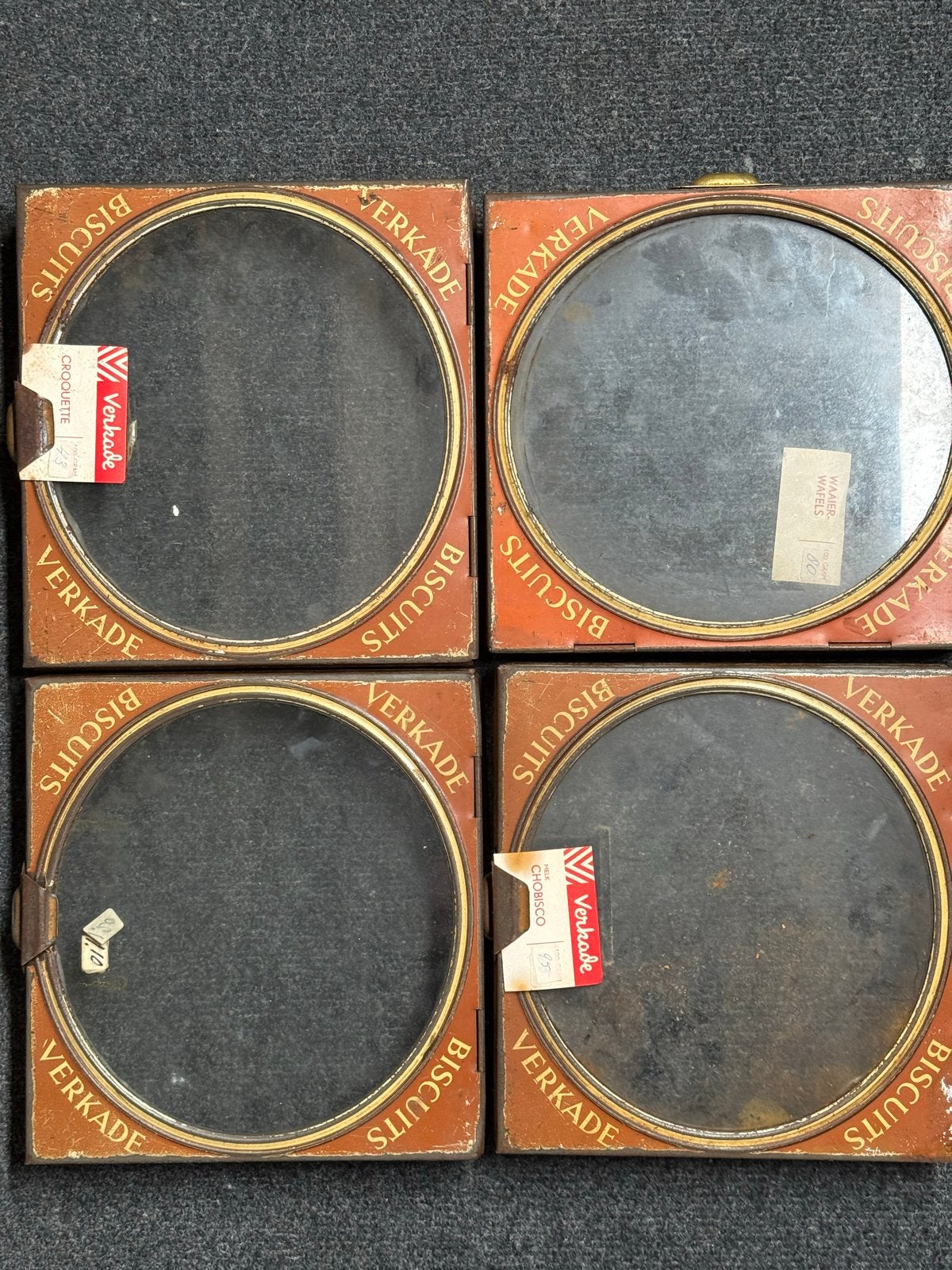 4 Vintage Verkade koekblikdeksels - Wafer Wafels, Cho, Verzamelen, Ophalen of Verzenden, Gebruikt, Koek(jes), Verkade