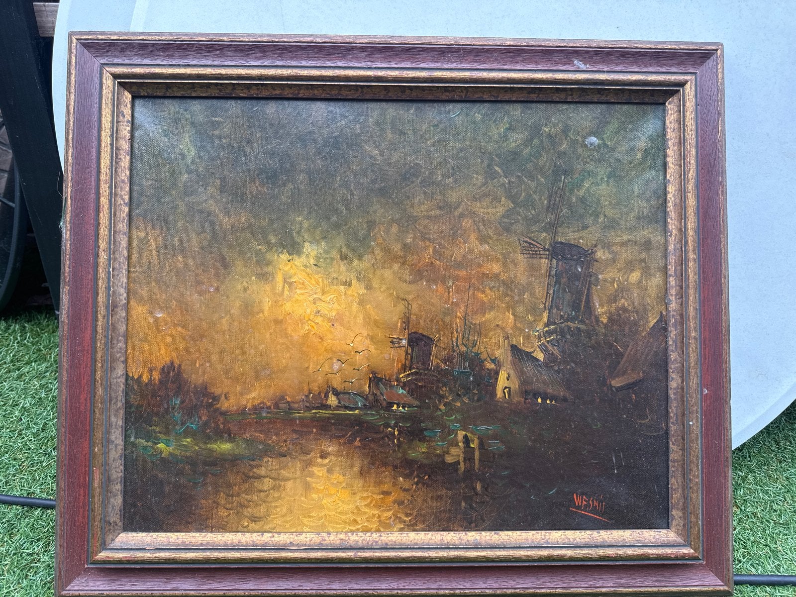 Schilderij Wf. Smit - Hollands Landschap met Molens, Antiek en Kunst, Kunst | Schilderijen | Klassiek, Ophalen