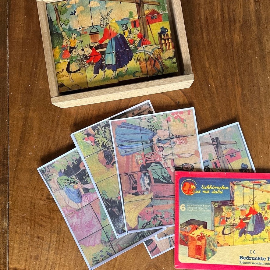 Vintage houten kubuspuzzel, Ophalen of Verzenden, 10 tot 50 stukjes, Gebruikt