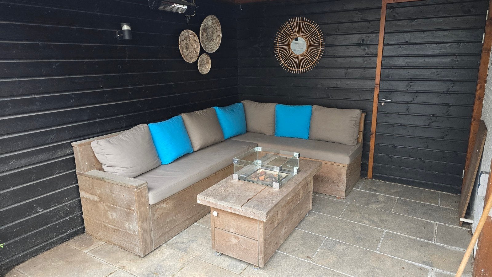 Massief houten loungeset met vuurtafel en opbergruimte, Tuin en Terras, Ophalen