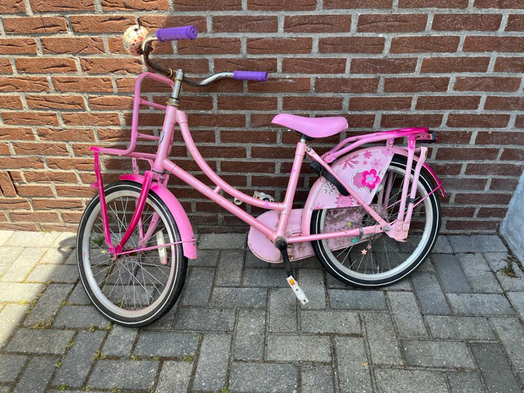 Roze meisjesfiets met voordrager en bloemendesign, Ophalen, Gebruikt, Terugtraprem, 16 tot 20 inch