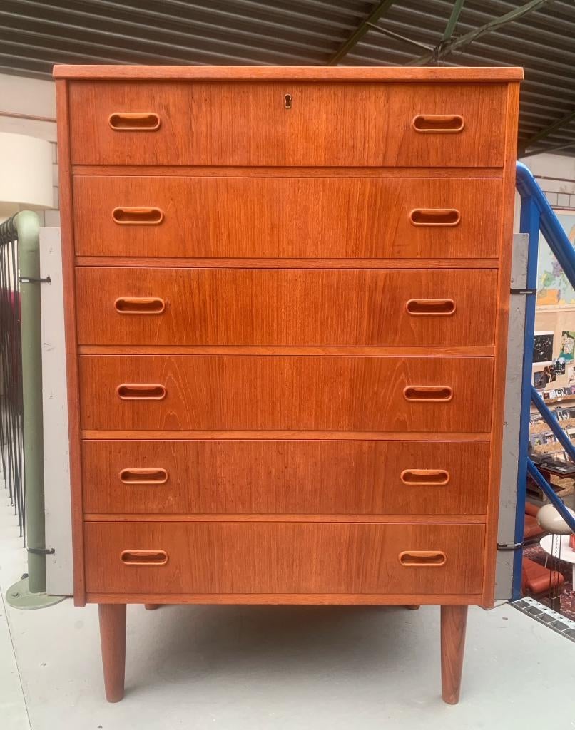 Vintage ladekast met 6 lades teakhout - retro kast, Ophalen, Gebruikt, 5 laden of meer, 100 tot 150 cm