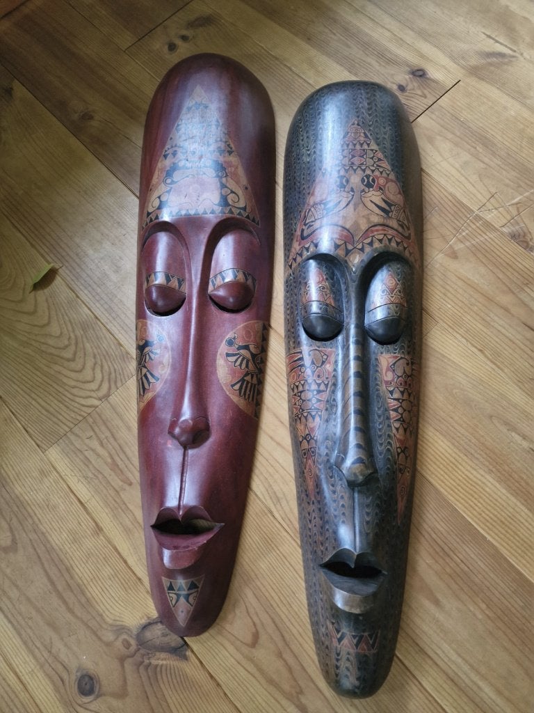 Set van 2 handgesneden Aziatiwsche houten maskers, 35 cm, Hout, Decoratieobject, Ophalen of Verzenden