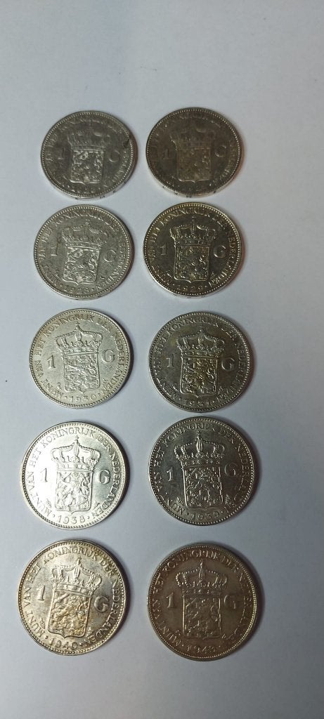 10 zilveren Gulden Wilhelmina diverse jaartallen, Ophalen of Verzenden, Zilver