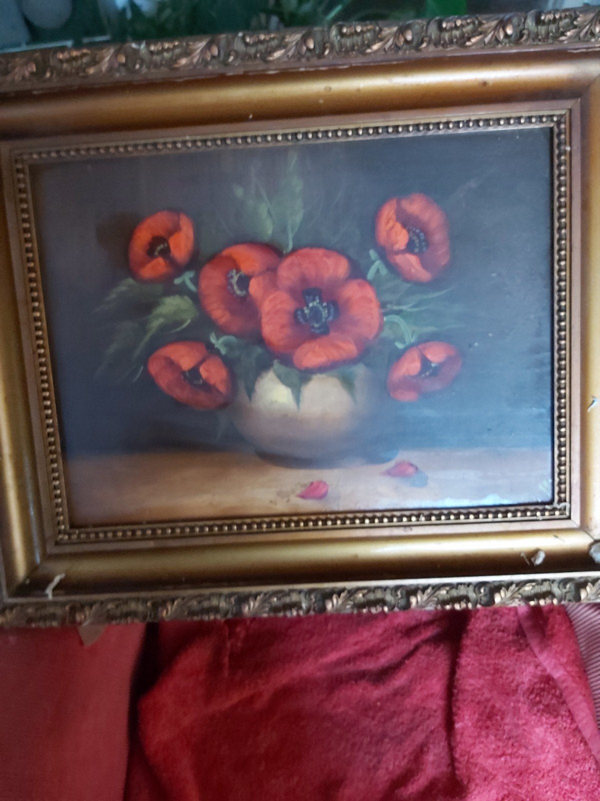 Schilderij met rode klaprozen in vaas, ingelijst, Doek, Olieverf, Klassiek, Ingelijst