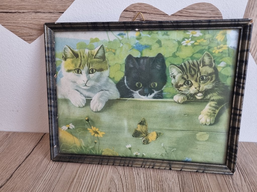 Vintage Poezen Schilderij Hout + Glasbescherming Nostalgie, Gebruikt, Hout, Ingelijst, Schilderij