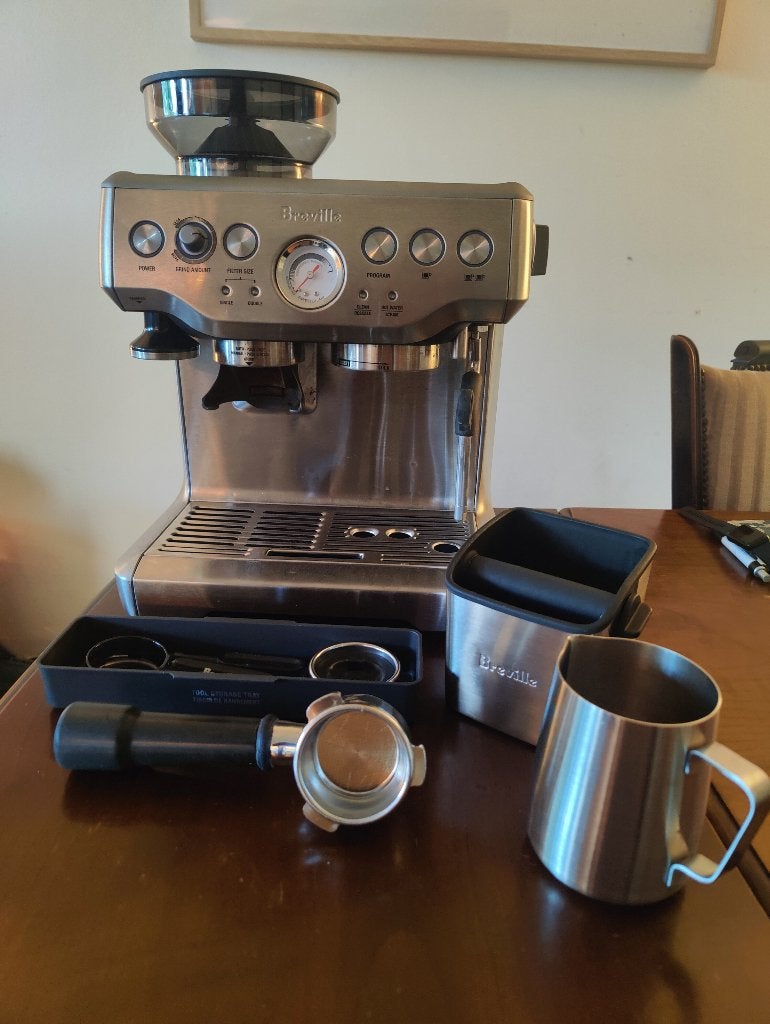 Breville Barista Express BES870XL koffiemachine te koop, Gebruikt, Koffiemachine, Ophalen of Verzenden, 2 tot 4 kopjes