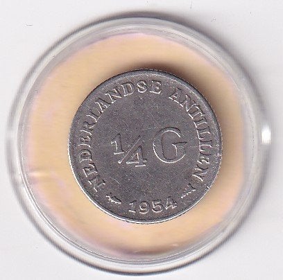 Nederlandse Antillen 1/4 Gulden 1954 met randtikje, Koningin Juliana, Verzenden, Zilver, 25 cent