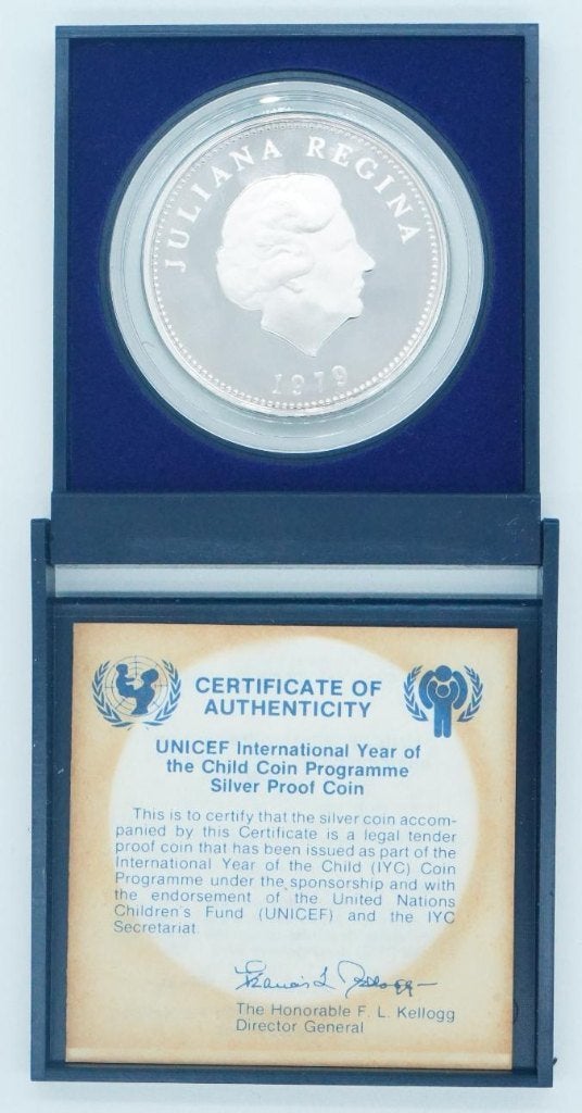 NL Antillen 25 Gulden 1979 UNICEF Zilver Proof in doos, Postzegels en Munten, Munten | Nederland, Koningin Juliana, Zilver, Losse munt