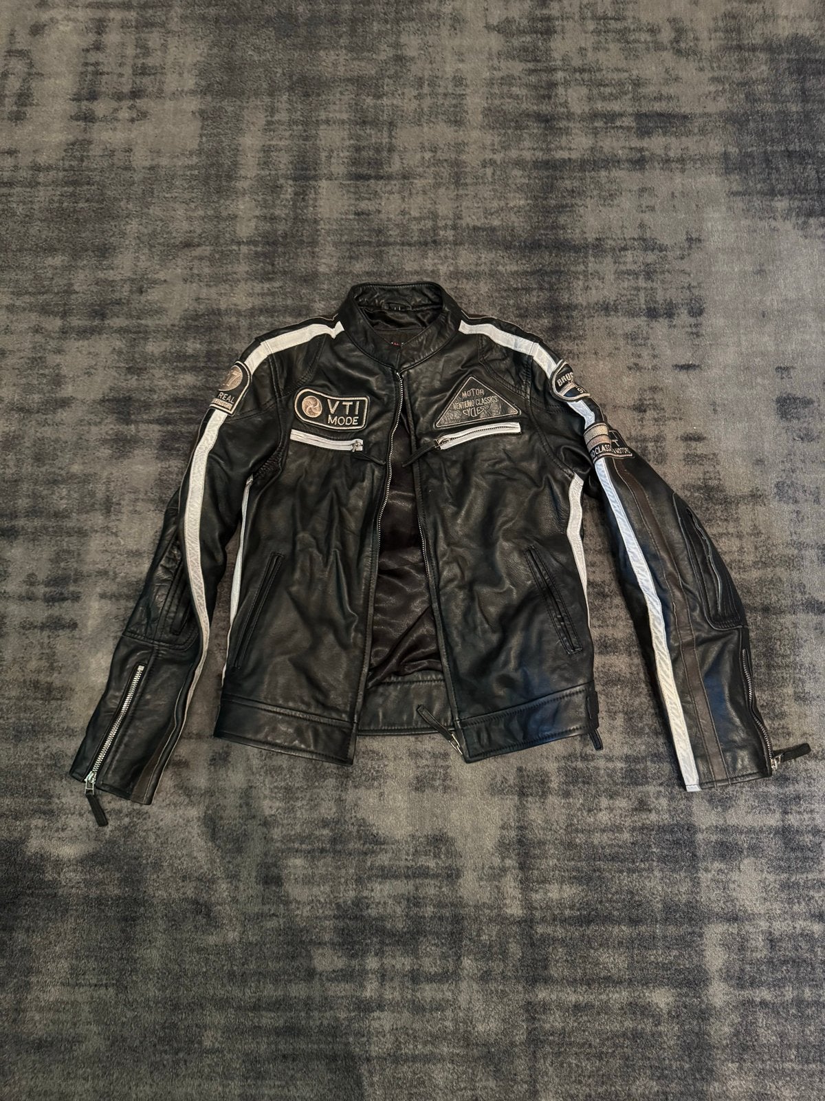 Leren Motorjas VTI Mode - Zwart met Witte Strepen, Ophalen of Verzenden, Tweedehands, Jas | leer