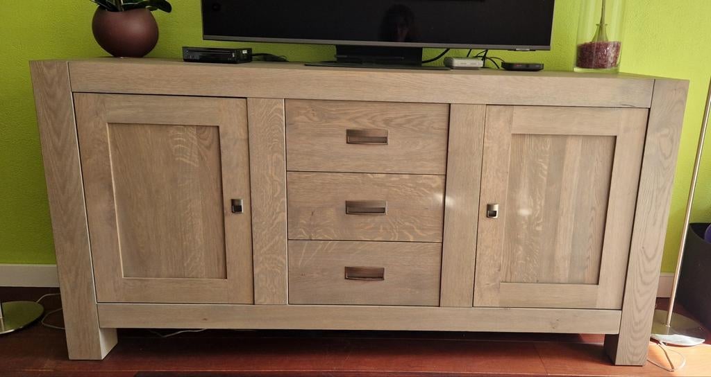 Dressoir (180cm), eikenhout, kleur: kiezel, Huis en Inrichting, Kasten | Dressoirs, Ophalen, Met deur(en), 150 tot 200 cm, Eikenhout