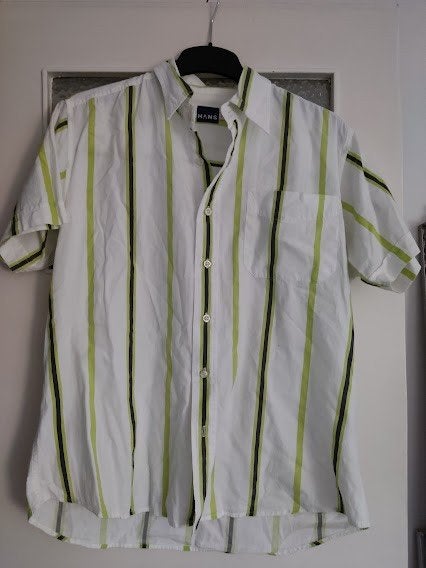 Hans heren overhemd wit met zwart / lime strepen, Ophalen of Verzenden, Gedragen, Meerkleurig, Halswijdte 41/42 (L)