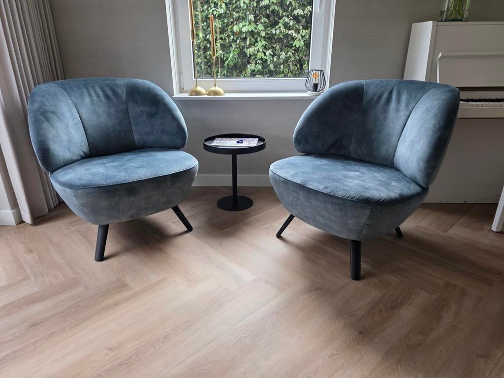 Set van 2 blauwe fluwelen fauteuils, Huis en Inrichting, Ophalen, Modern, Comfortabel, Twee, Blauw