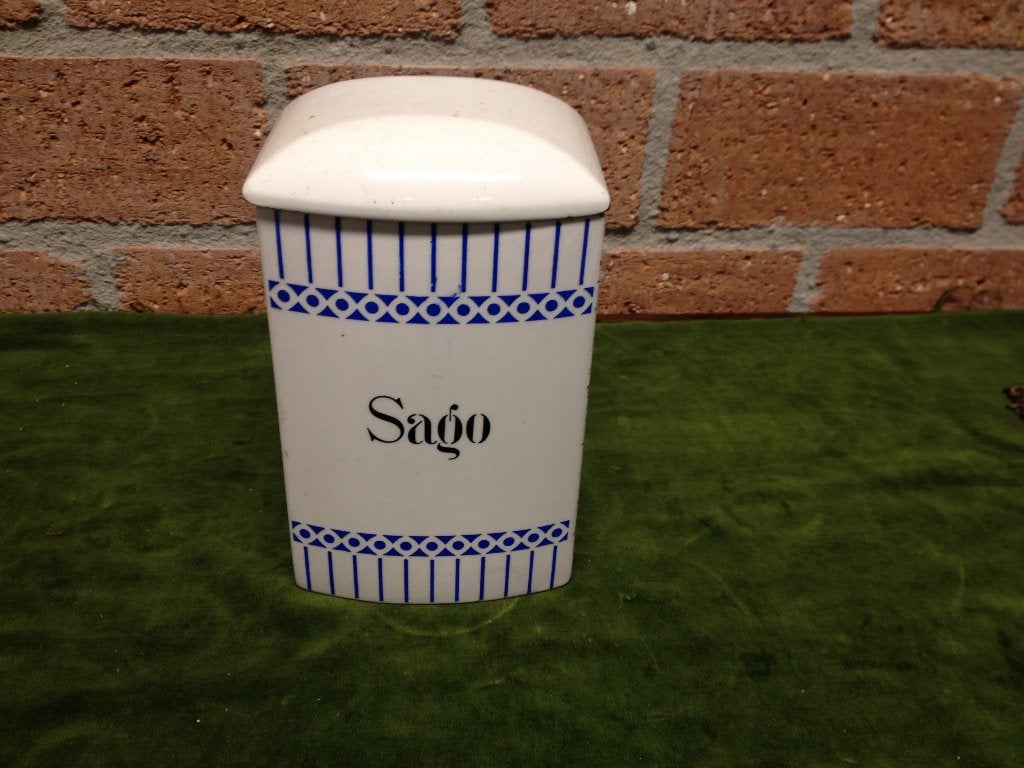 Antieke blauw witte voorraadpot met deksel, opschrift Sago., Verzenden