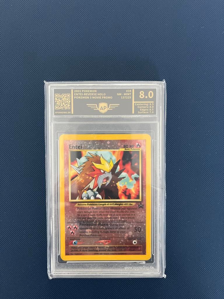 Entei Movie Promo AP Grading 8 Pokémon Kaart, Ophalen of Verzenden, Zo goed als nieuw, Losse kaart
