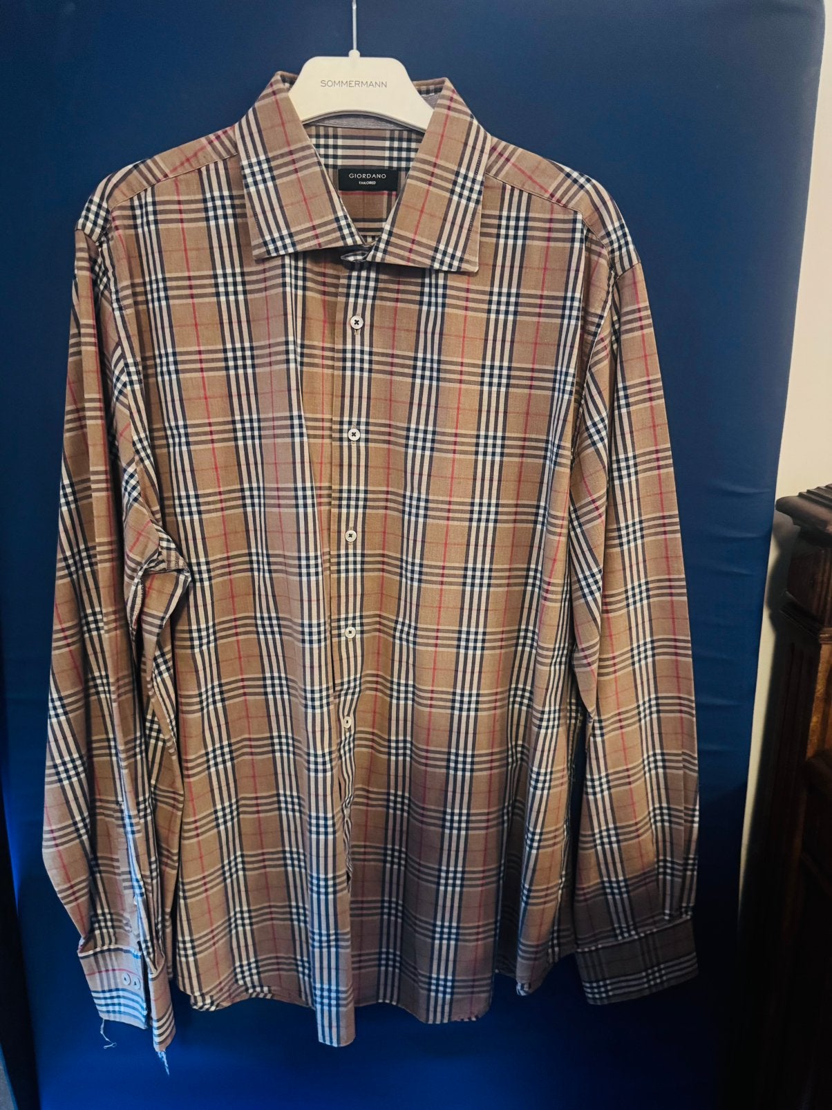 Giordano bruin wit heren overhemd Burberry print maat 45/XXL, Kleding | Heren, Verzenden, Zo goed als nieuw, Bruin, Overige halswijdtes