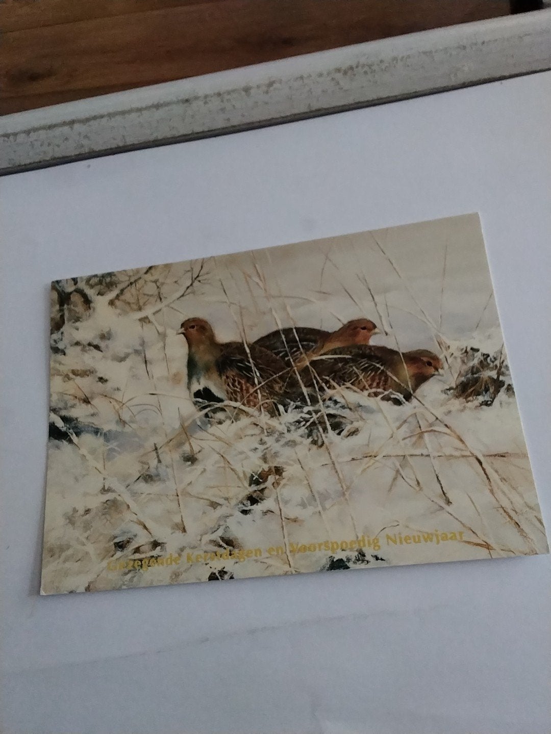 Kerstkaart met patrijzen in de sneeuw, Ophalen of Verzenden, 1980 tot heden, Ongelopen, Natuur