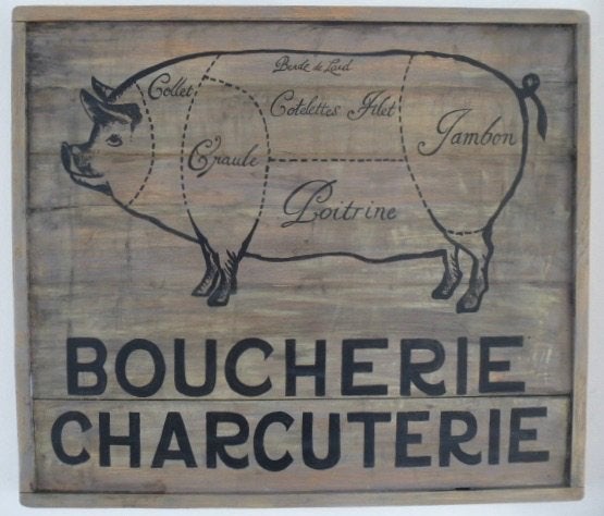 Houten paneel/pubbord/Frans brocante/antiek/varken/Boucherie, 50 – 75, Oorspronkelijke maker, Ophalen of Verzenden, Zo goed als nieuw