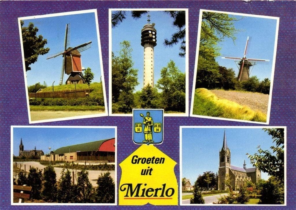 Groeten uit Mierlo - 5 afb o.a. kerk molens - 1984 gelopen, Verzamelen, Ophalen of Verzenden, 1980 tot heden, Gelopen, Noord-Brabant