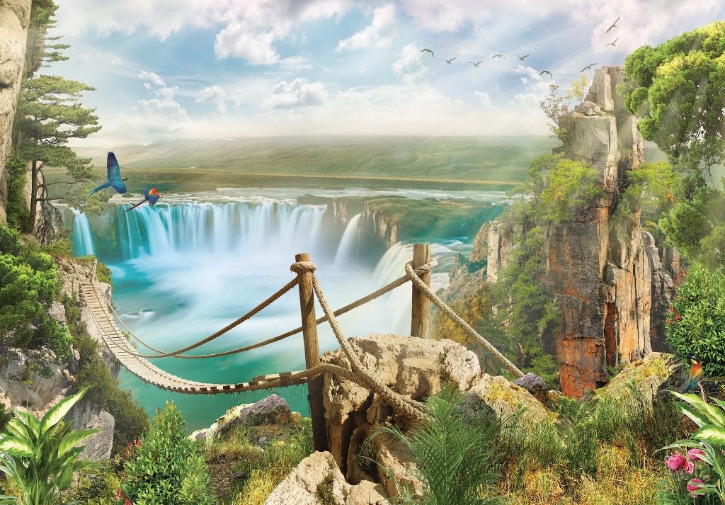 Jungle fotobehang Waterval loopbrug 312 x 219, Aanbieding, Verzenden, Fotobehang