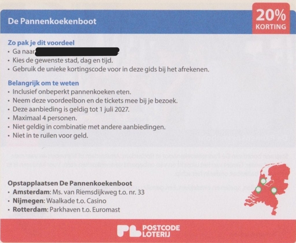 De Pannenkoekenboot Amsterdam/Nijmegen/Rotterdam 20% korting, Tickets en Kaartjes, Kortingen en Cadeaubonnen, Drie personen of meer