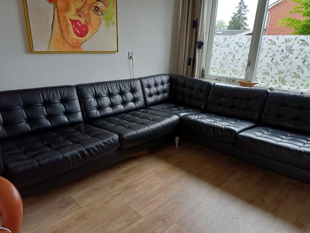 Zwart Leren Hoekbankstel met Uniek Patroon, Gebruikt, 100 tot 125 cm, Hoekbank, 300 cm of meer