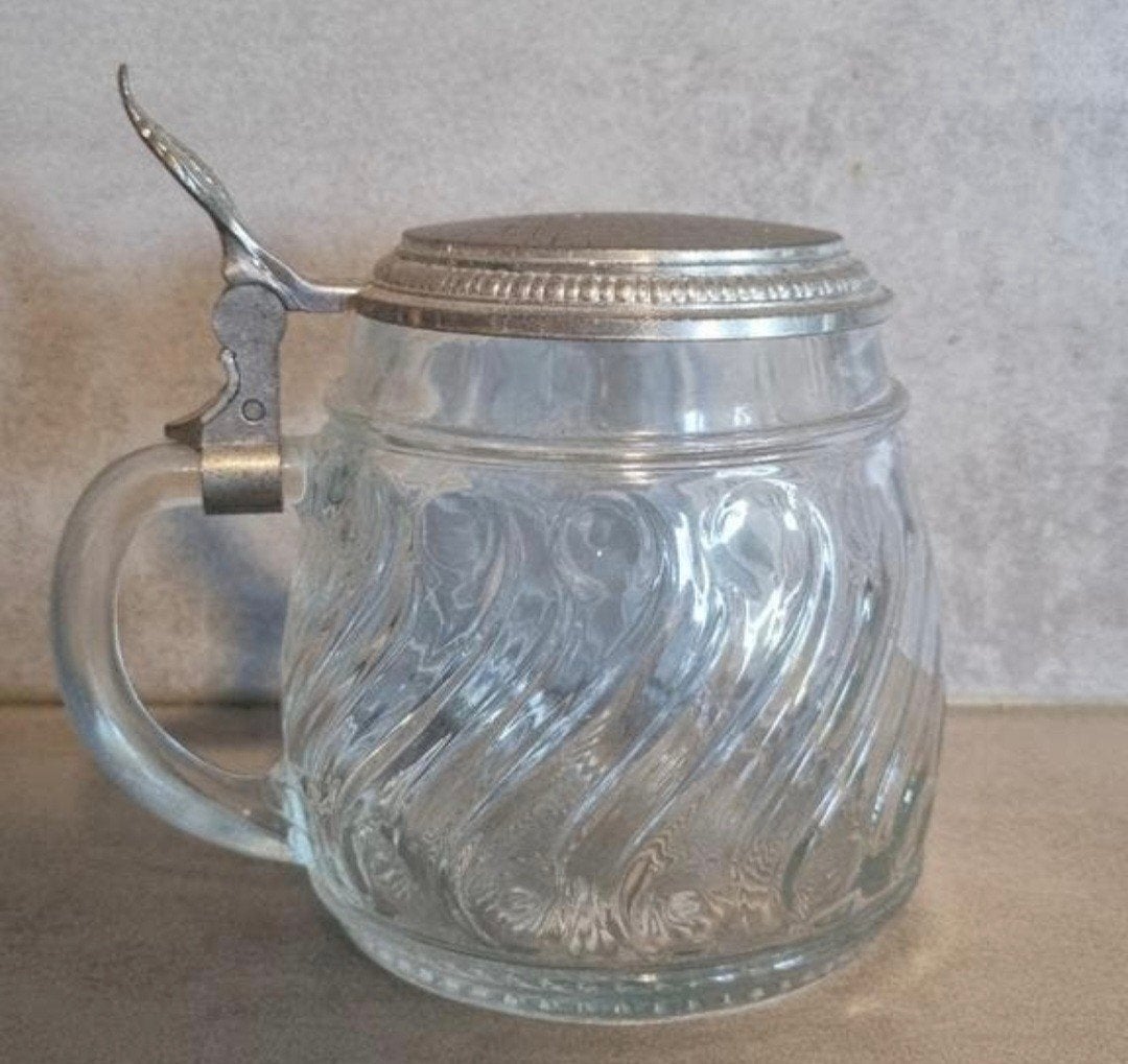 Vintage glazen bierpul met tinnen deksel - Beieren - 60-80's, Verzamelen, Ophalen of Verzenden, Zo goed als nieuw, Pul(len), Overige merken