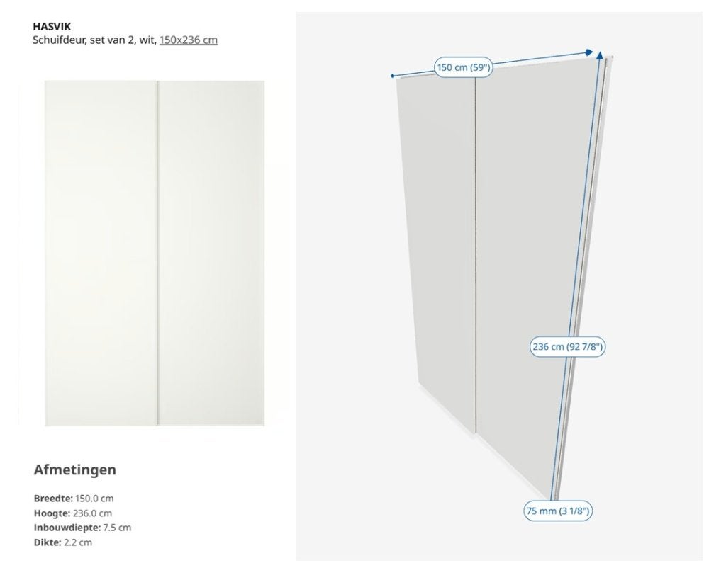 Te koop Ikea Pax Schuifdeuren 150 cm en 200 cm, Huis en Inrichting, Ophalen, 200 cm of meer, 150 tot 200 cm, Zo goed als nieuw